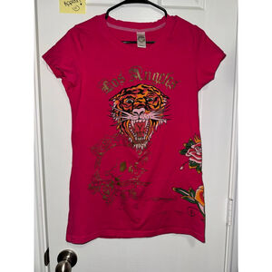 Women's Ed Hardy Pink Gold Tiger Skull Short Sleeve Tee M